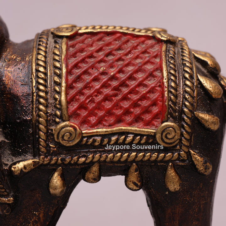 Handcrafted Dhokra Brass Standing Elephant Statue with Red Saddle