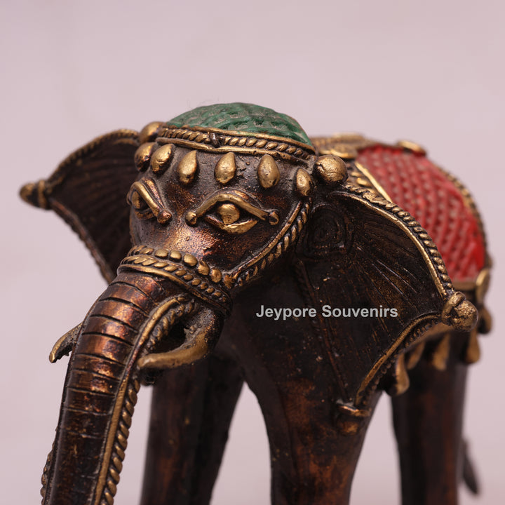 Handcrafted Dhokra Brass Standing Elephant Statue with Red Saddle