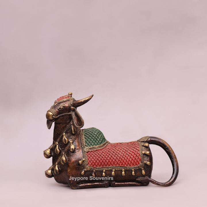 Handcrafted Dhokra Brass Nandi Bull Sculpture with Bells &amp; Red Saddle