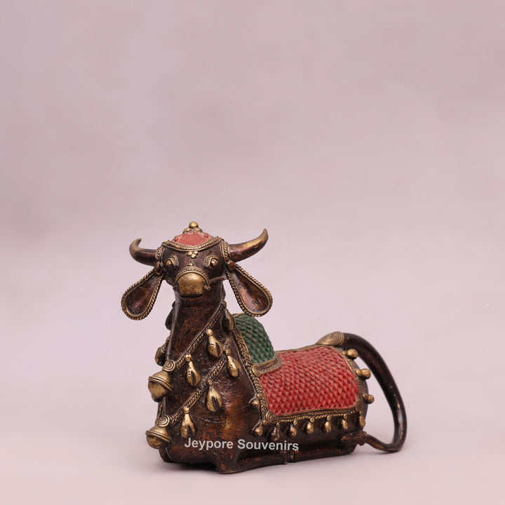 Handcrafted Dhokra Brass Nandi Bull Sculpture with Bells &amp; Red Saddle
