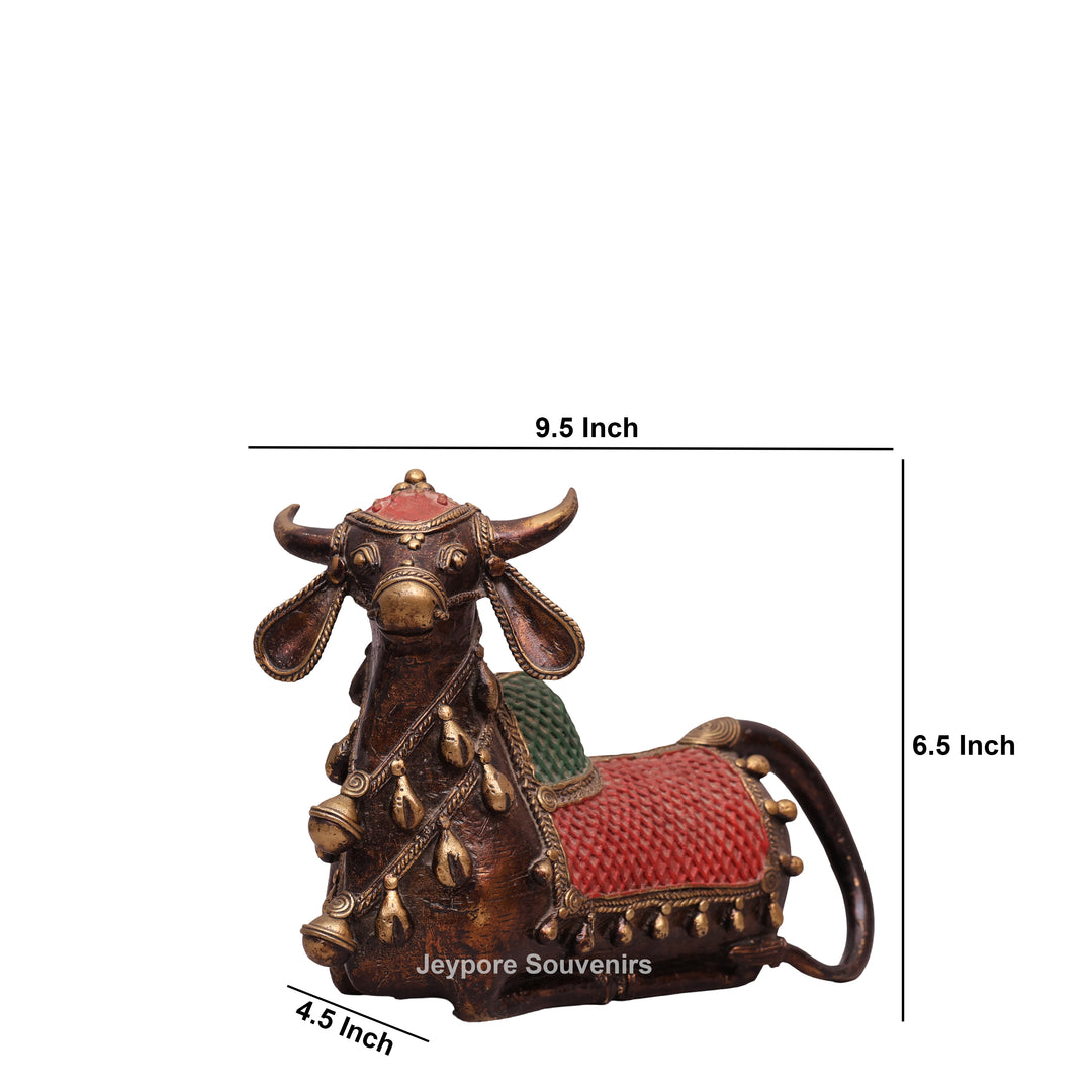 Handcrafted Dhokra Brass Nandi Bull Sculpture with Bells &amp; Red Saddle