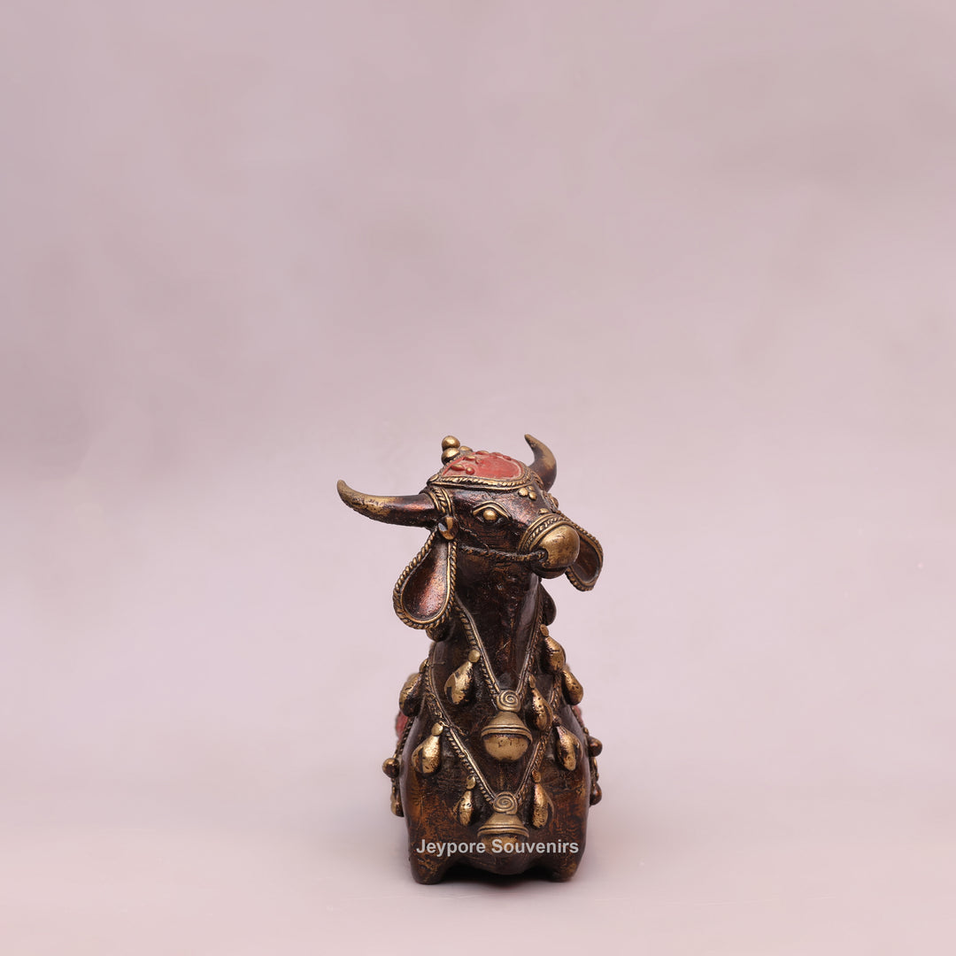 Handcrafted Dhokra Brass Nandi Bull Sculpture with Bells &amp; Red Saddle