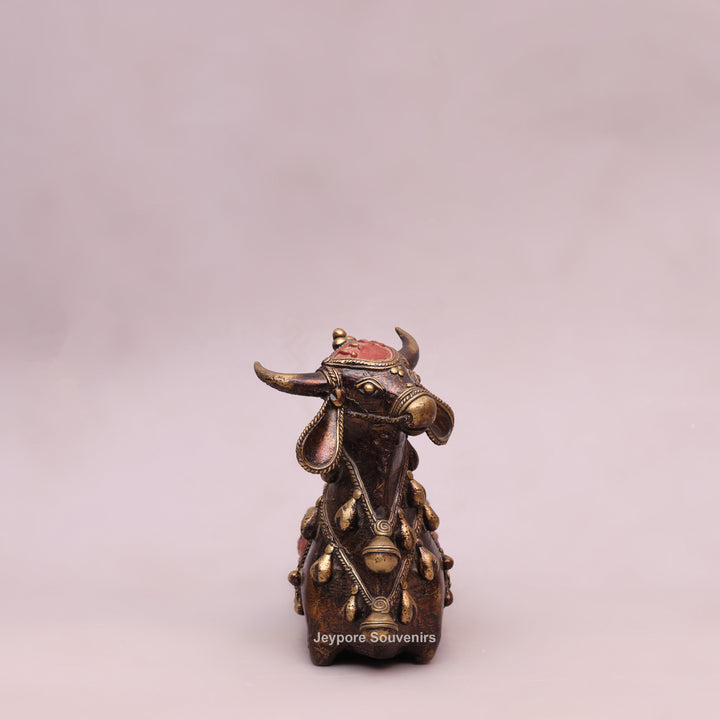 Handcrafted Dhokra Brass Nandi Bull Sculpture with Bells &amp; Red Saddle