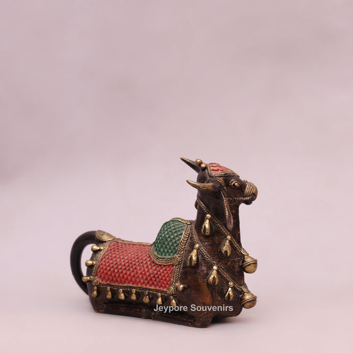 Handcrafted Dhokra Brass Nandi Bull Sculpture with Bells &amp; Red Saddle
