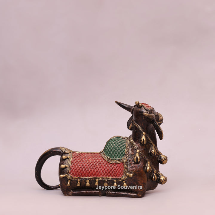 Handcrafted Dhokra Brass Nandi Bull Sculpture with Bells &amp; Red Saddle