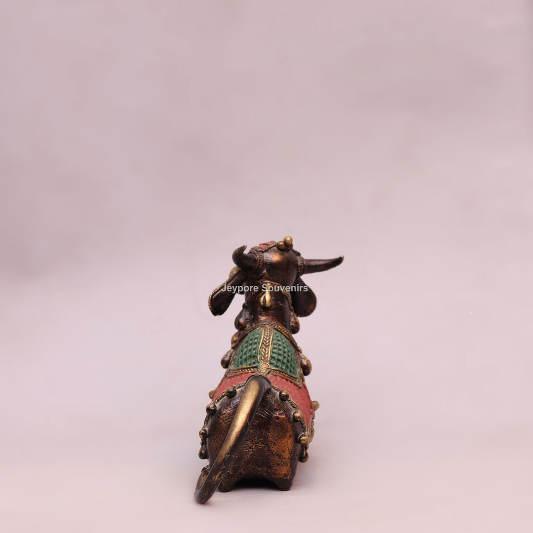 Handcrafted Dhokra Brass Nandi Bull Sculpture with Bells &amp; Red Saddle