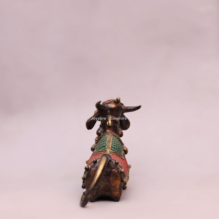 Handcrafted Dhokra Brass Nandi Bull Sculpture with Bells &amp; Red Saddle