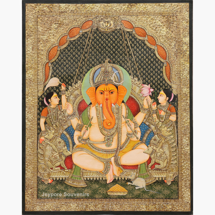 Lord Ganesha Tanjore Painting with Real Gold Leaf Work