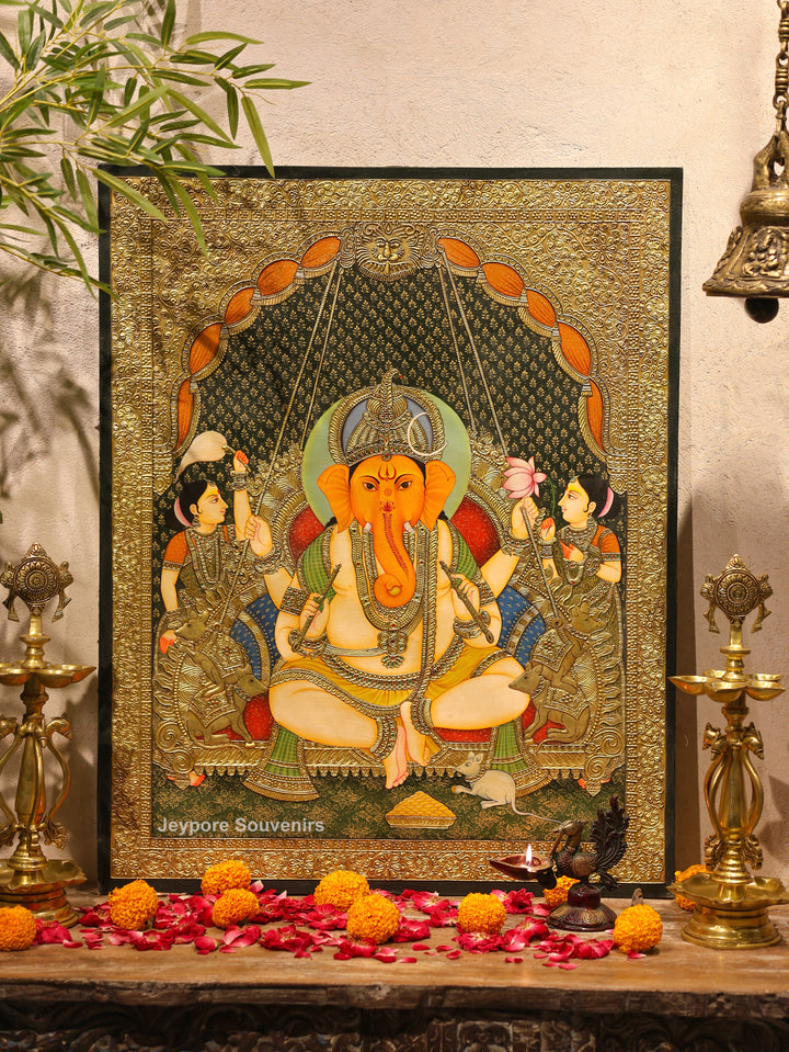 Lord Ganesha Tanjore Painting with Real Gold Leaf Work