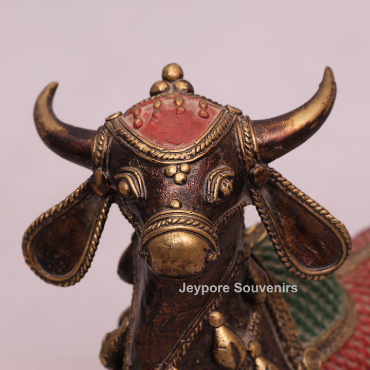 Handcrafted Dhokra Brass Nandi Bull Sculpture with Bells &amp; Red Saddle