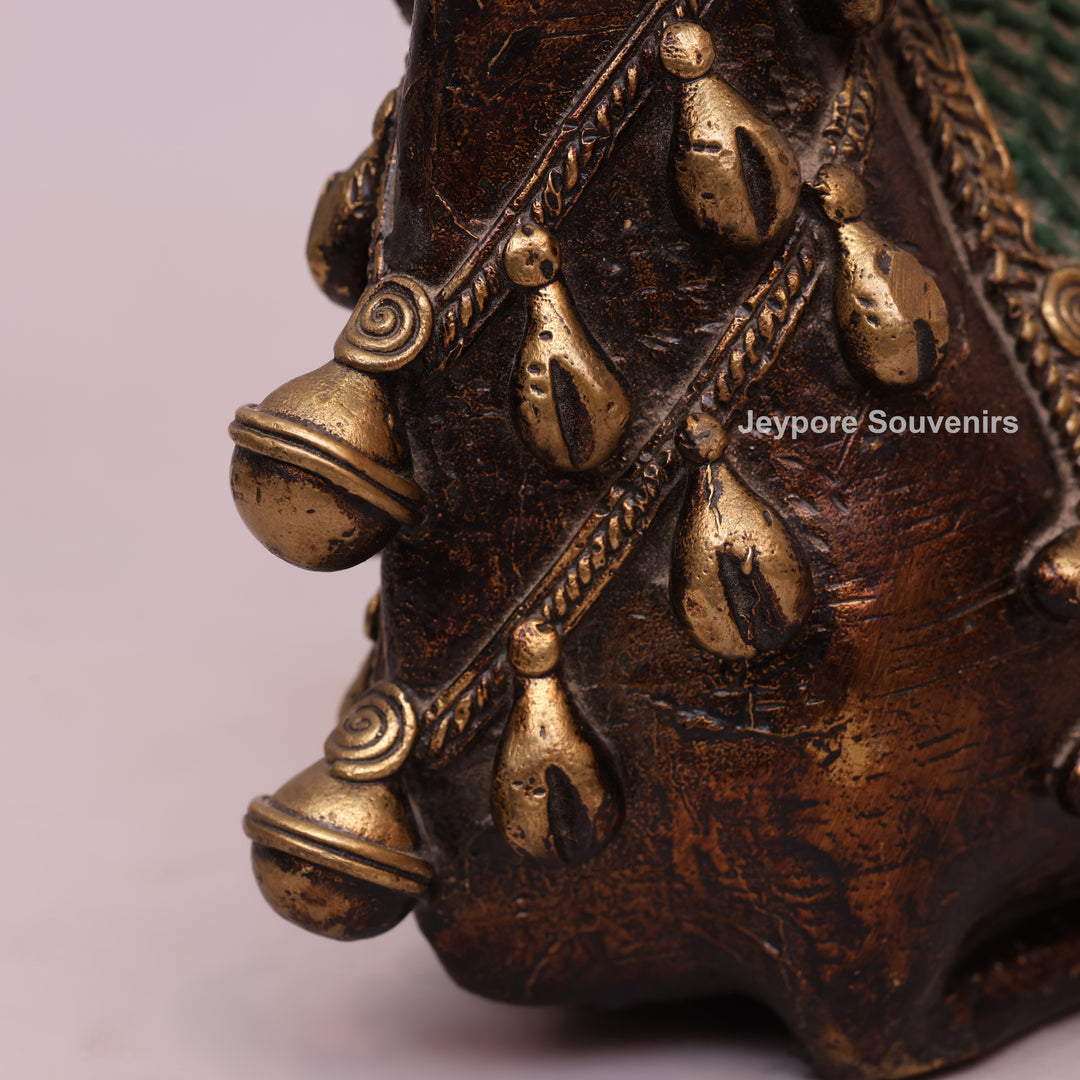 Handcrafted Dhokra Brass Nandi Bull Sculpture with Bells &amp; Red Saddle