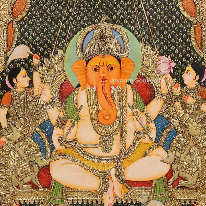 Lord Ganesha Tanjore Painting with Real Gold Leaf Work
