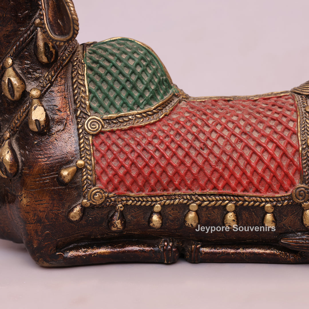 Handcrafted Dhokra Brass Nandi Bull Sculpture with Bells &amp; Red Saddle