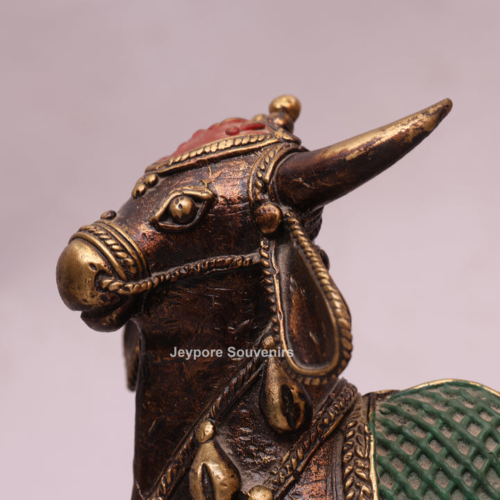Handcrafted Dhokra Brass Nandi Bull Sculpture with Bells &amp; Red Saddle