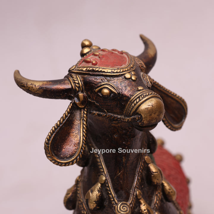Handcrafted Dhokra Brass Nandi Bull Sculpture with Bells &amp; Red Saddle