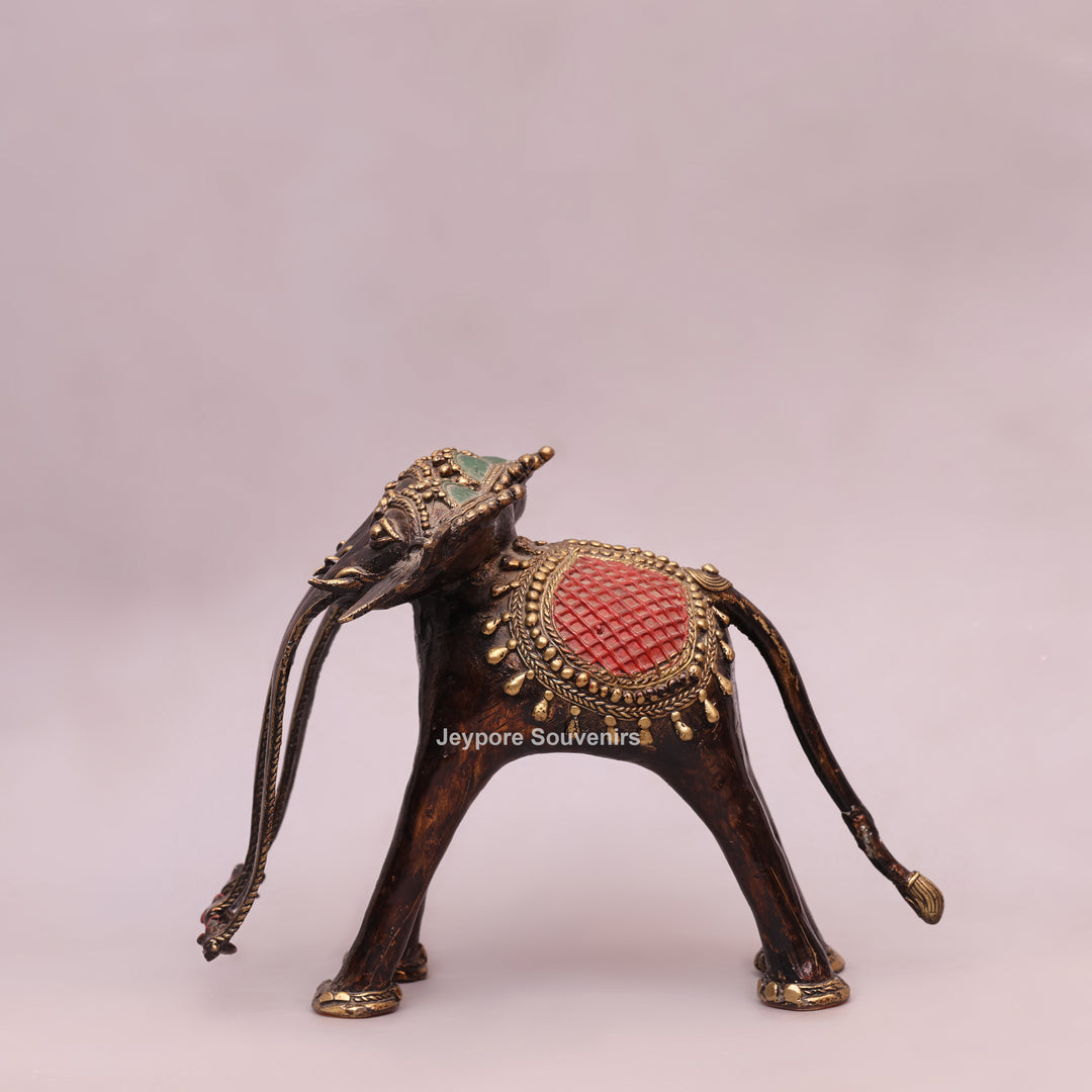 Handcrafted Dhokra Brass Triple-Trunk Elephant Statue with Red Saddle