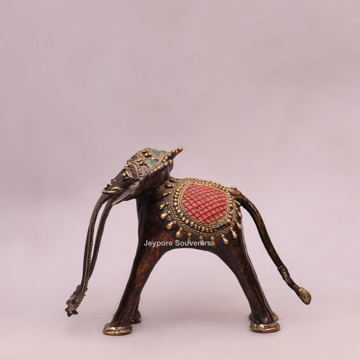 Handcrafted Dhokra Brass Triple-Trunk Elephant Statue with Red Saddle