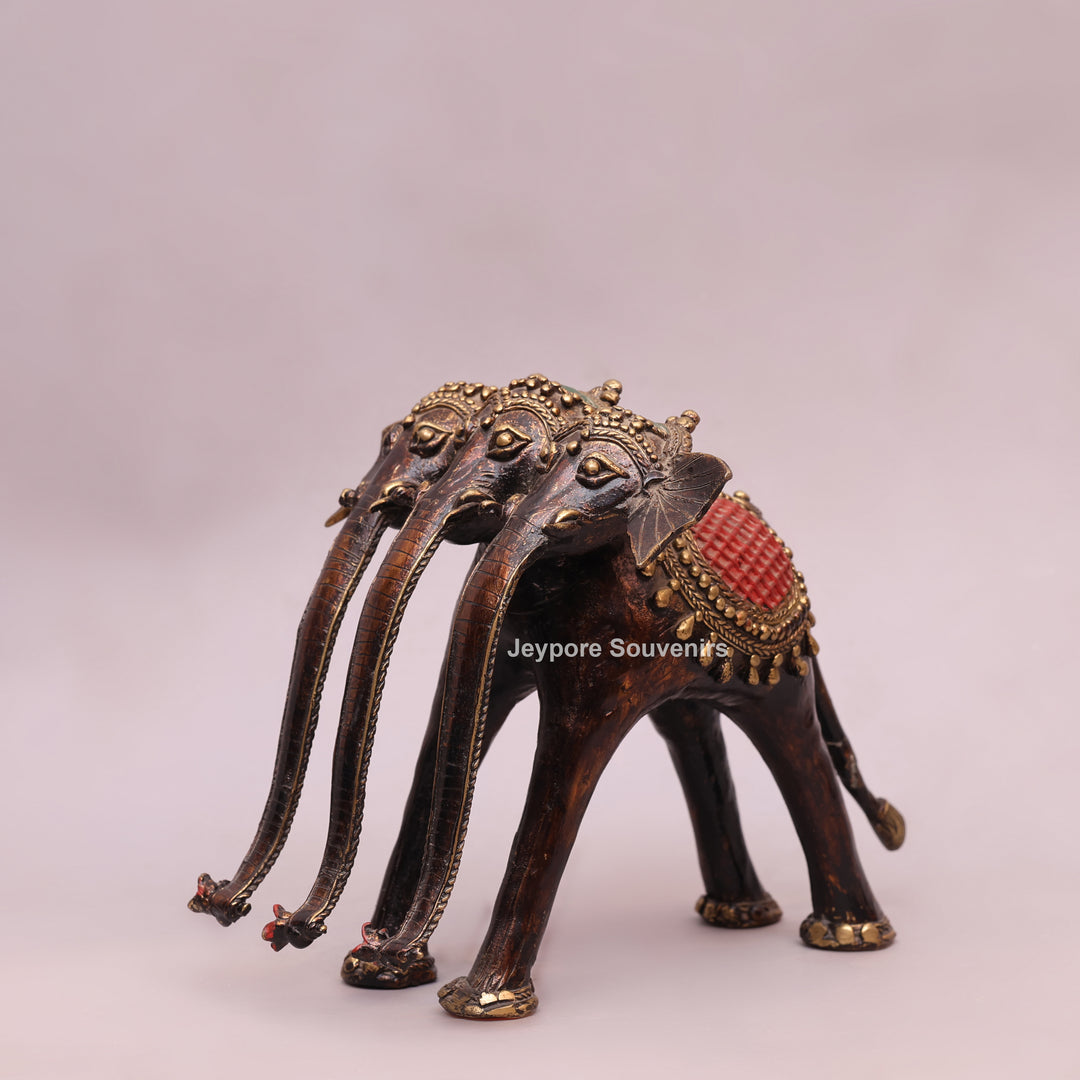 Handcrafted Dhokra Brass Triple-Trunk Elephant Statue with Red Saddle