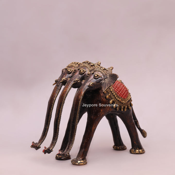 Handcrafted Dhokra Brass Triple-Trunk Elephant Statue with Red Saddle
