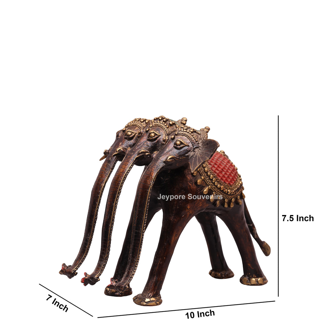 Handcrafted Dhokra Brass Triple-Trunk Elephant Statue with Red Saddle