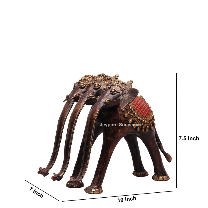 Handcrafted Dhokra Brass Triple-Trunk Elephant Statue with Red Saddle