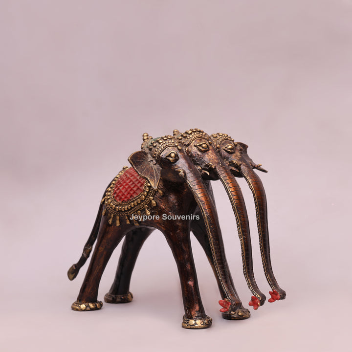 Handcrafted Dhokra Brass Triple-Trunk Elephant Statue with Red Saddle
