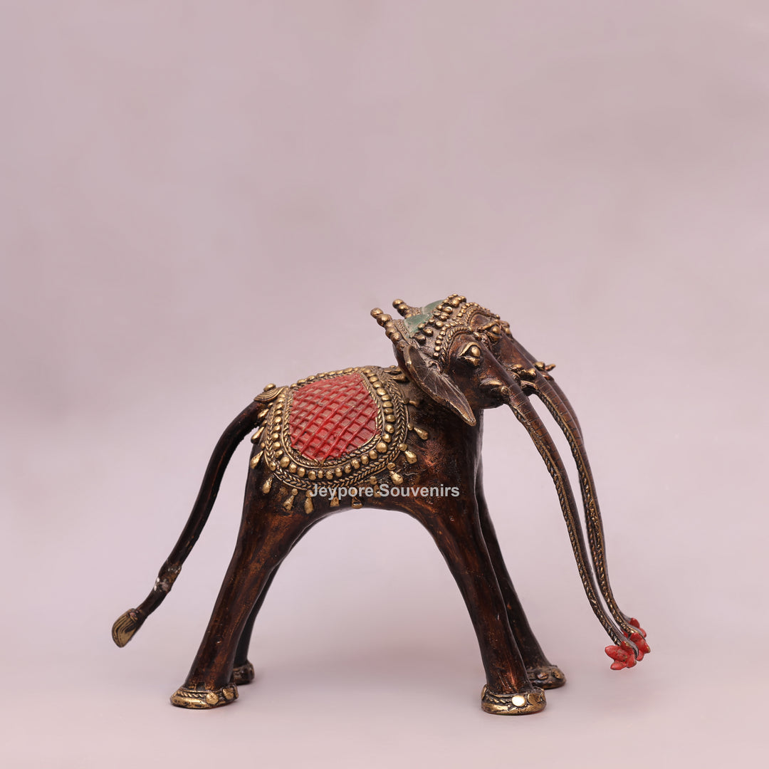 Handcrafted Dhokra Brass Triple-Trunk Elephant Statue with Red Saddle