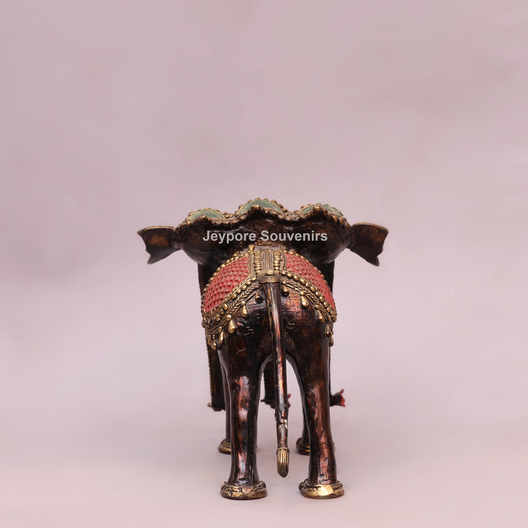 Handcrafted Dhokra Brass Triple-Trunk Elephant Statue with Red Saddle