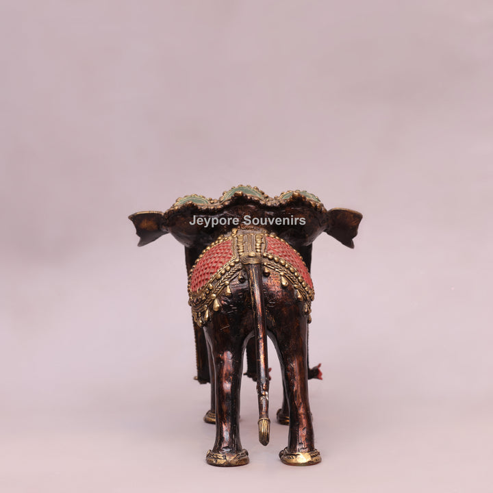 Handcrafted Dhokra Brass Triple-Trunk Elephant Statue with Red Saddle