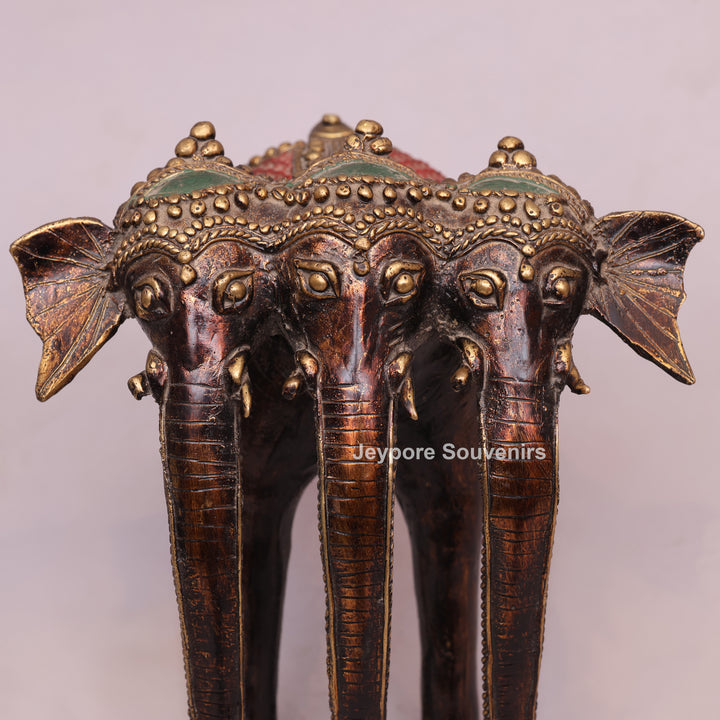 Handcrafted Dhokra Brass Triple-Trunk Elephant Statue with Red Saddle