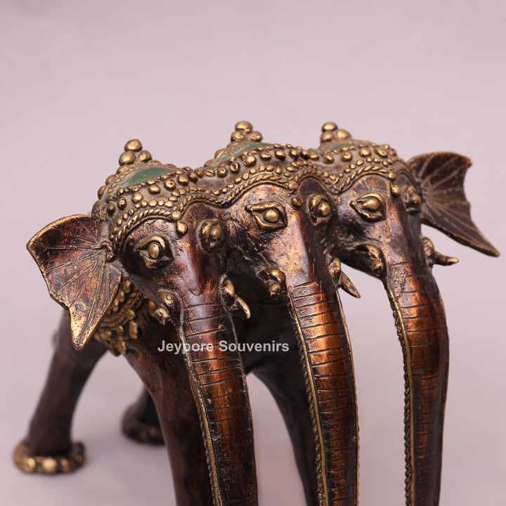Handcrafted Dhokra Brass Triple-Trunk Elephant Statue with Red Saddle
