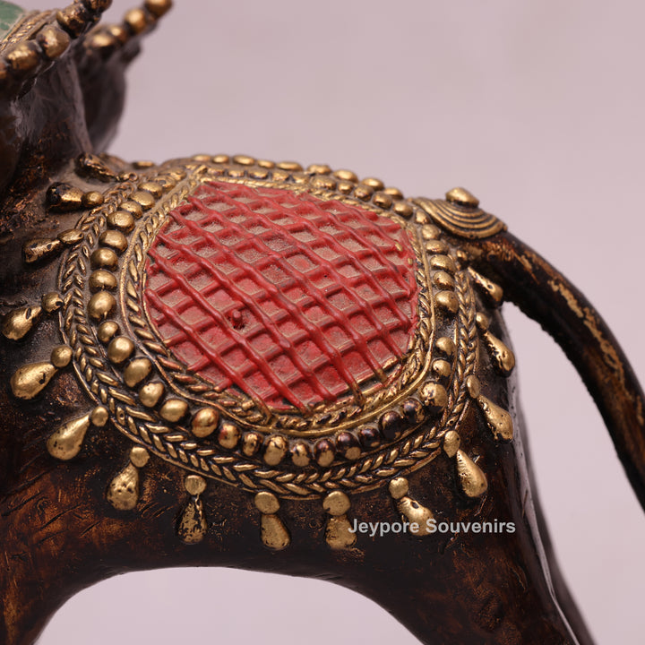 Handcrafted Dhokra Brass Triple-Trunk Elephant Statue with Red Saddle
