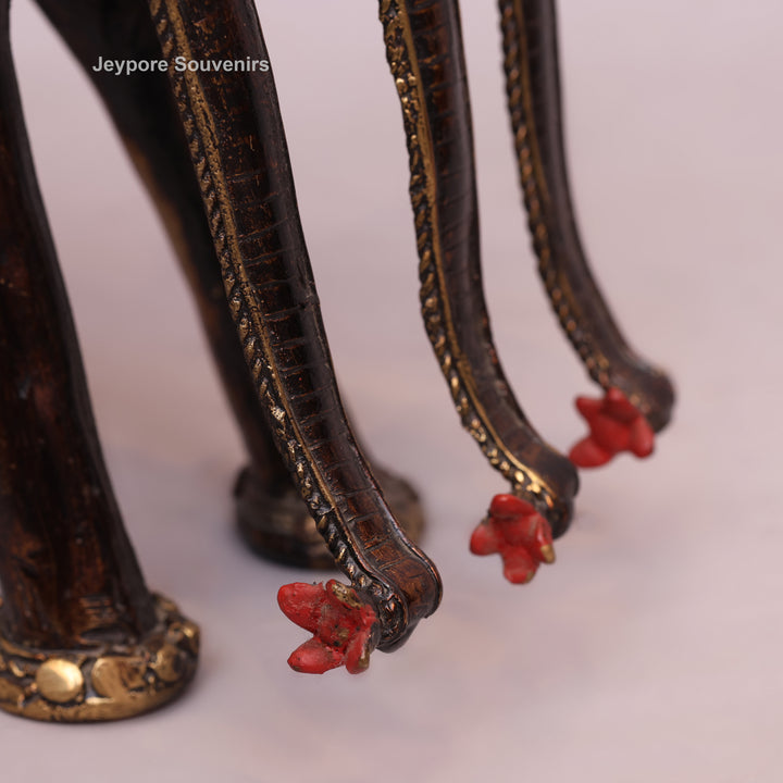 Handcrafted Dhokra Brass Triple-Trunk Elephant Statue with Red Saddle