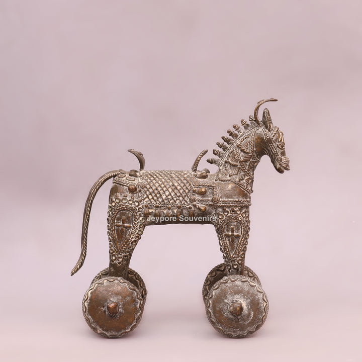 Handcrafted Dhokra Brass Horse on Wheels