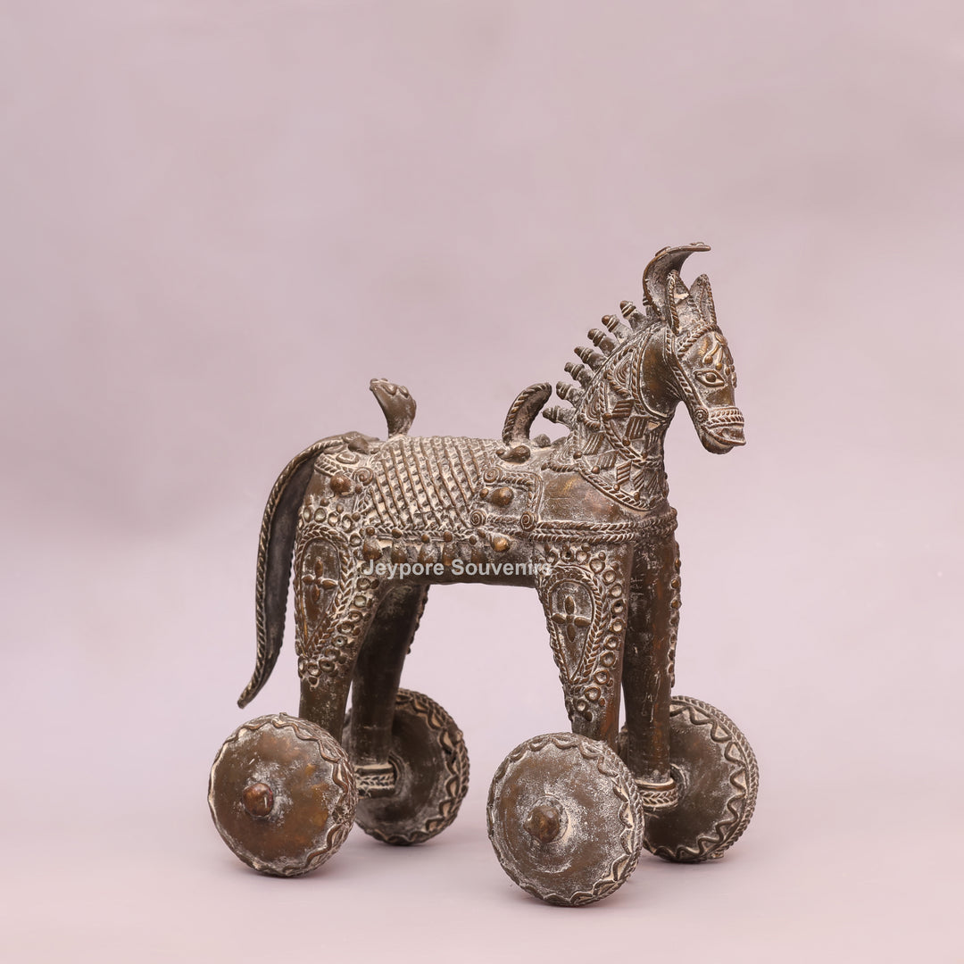 Handcrafted Dhokra Brass Horse on Wheels