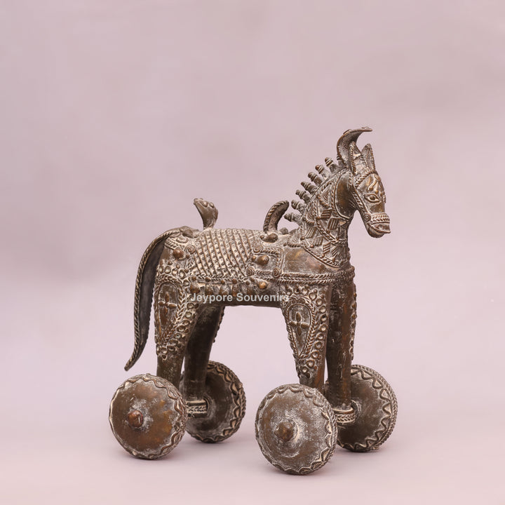 Handcrafted Dhokra Brass Horse on Wheels