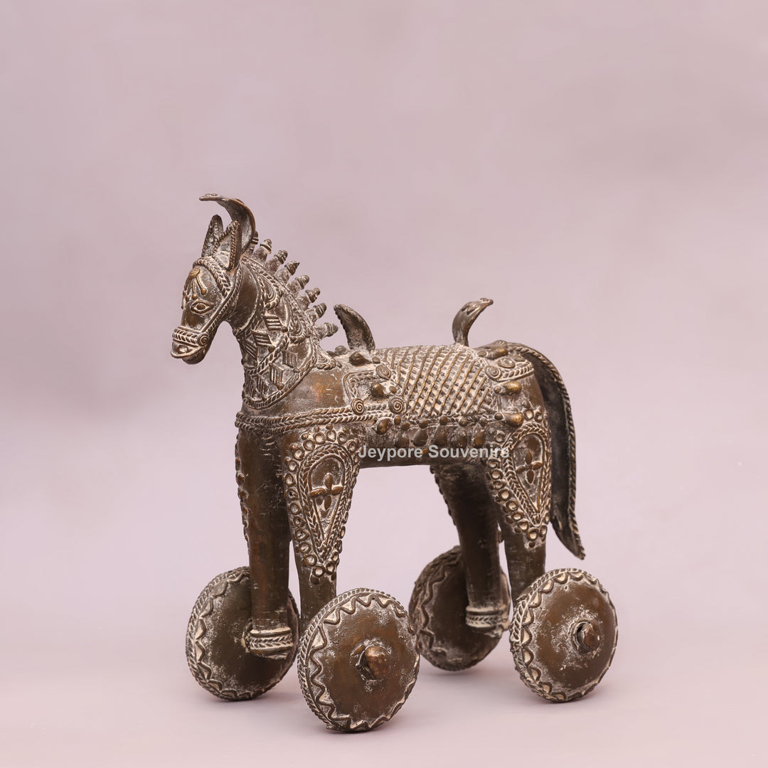 Handcrafted Dhokra Brass Horse on Wheels