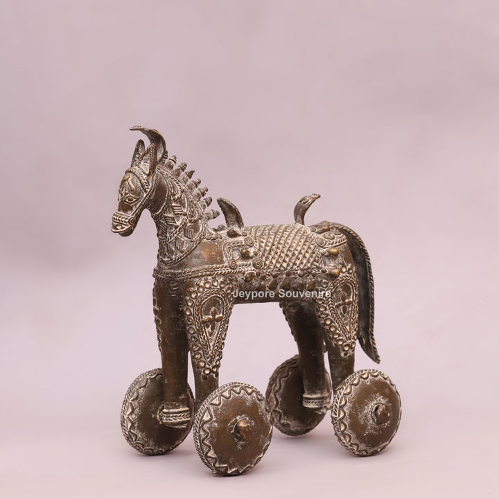 Handcrafted Dhokra Brass Horse on Wheels