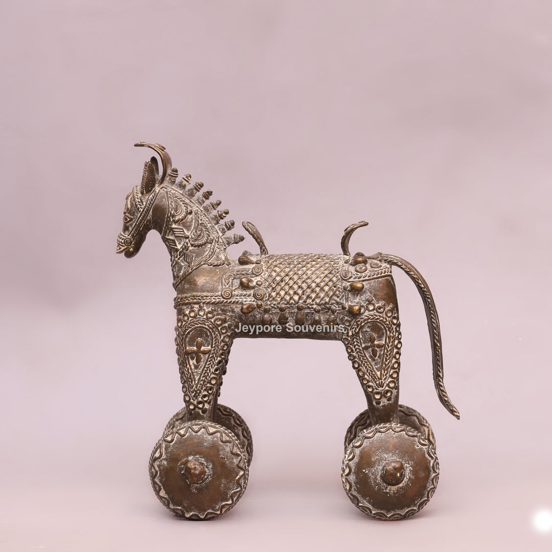 Handcrafted Dhokra Brass Horse on Wheels