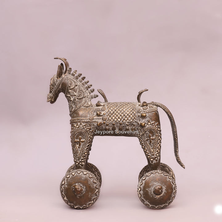 Handcrafted Dhokra Brass Horse on Wheels