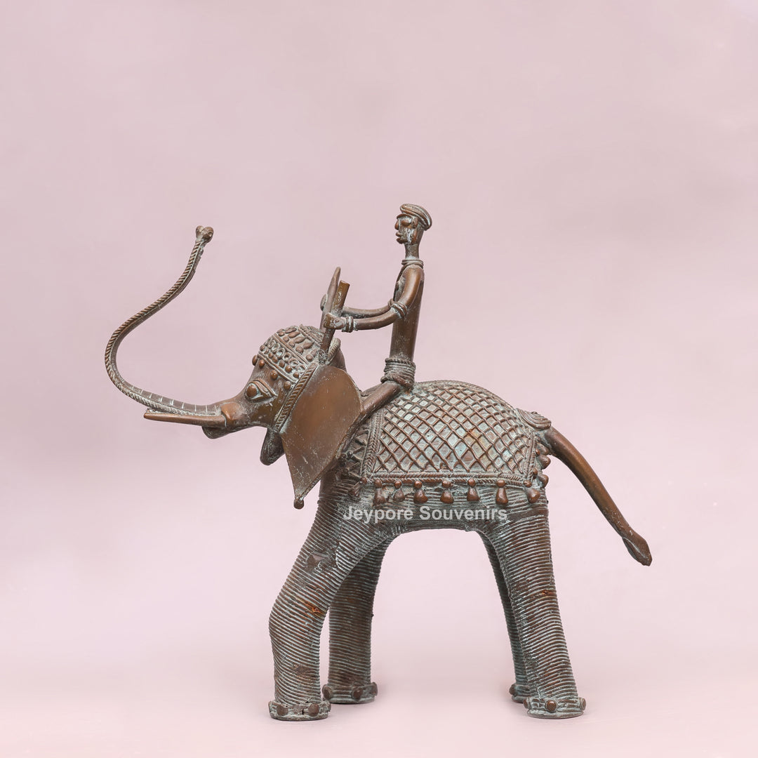 Handcrafted Dhokra Brass Elephant Statue with Tribal Rider