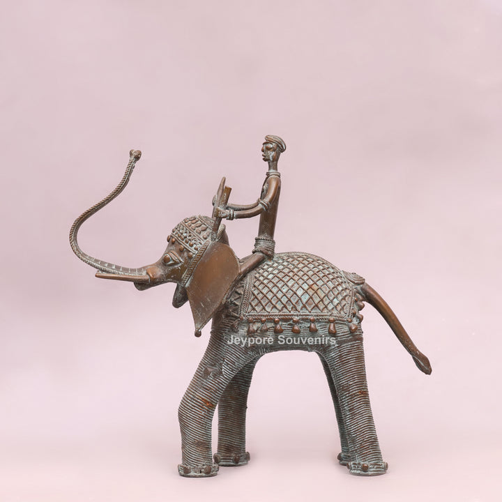 Handcrafted Dhokra Brass Elephant Statue with Tribal Rider
