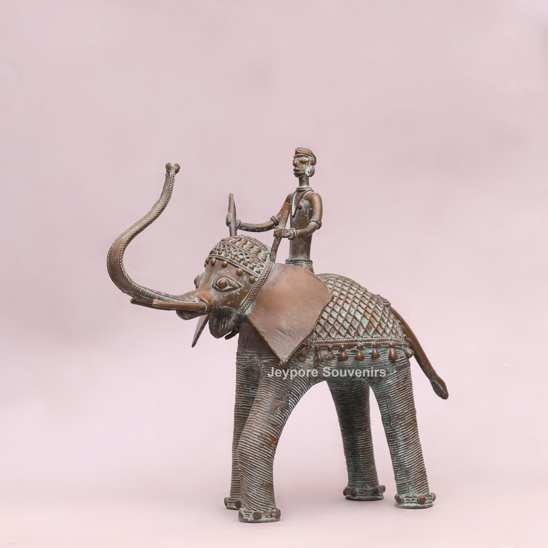 Handcrafted Dhokra Brass Elephant Statue with Tribal Rider