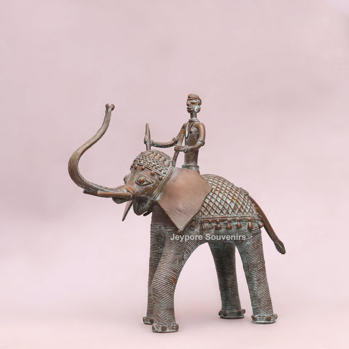 Handcrafted Dhokra Brass Elephant Statue with Tribal Rider