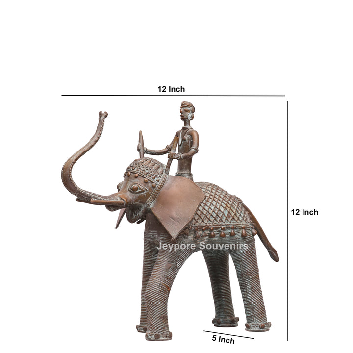 Handcrafted Dhokra Brass Elephant Statue with Tribal Rider
