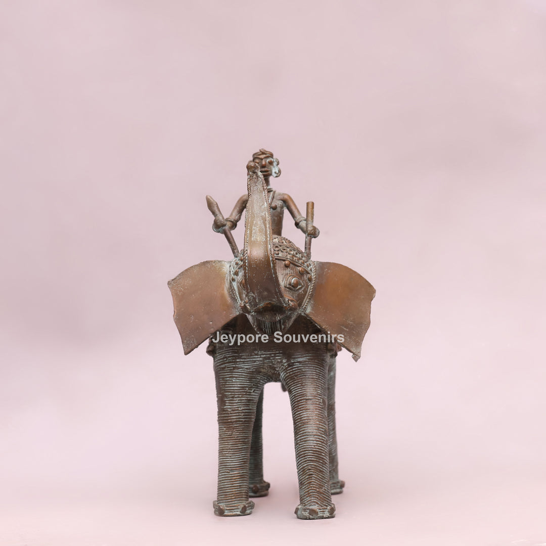 Handcrafted Dhokra Brass Elephant Statue with Tribal Rider