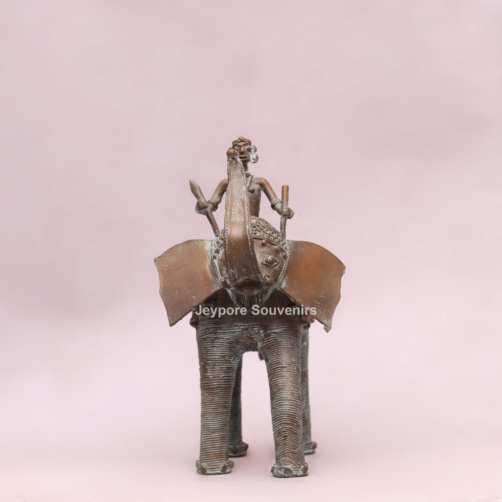 Handcrafted Dhokra Brass Elephant Statue with Tribal Rider