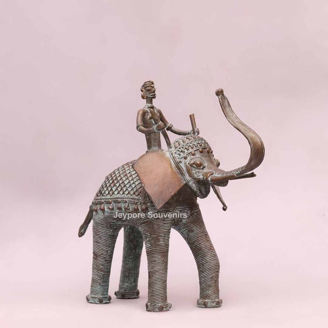 Handcrafted Dhokra Brass Elephant Statue with Tribal Rider