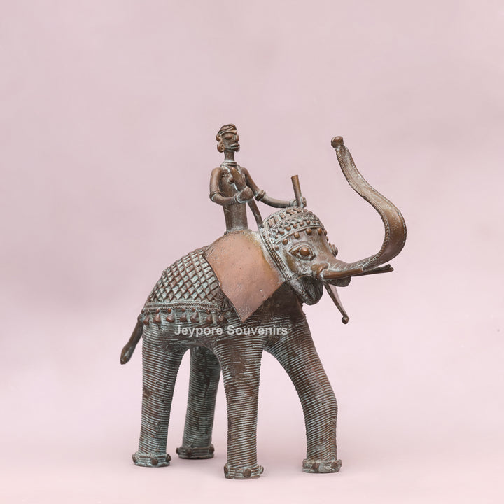 Handcrafted Dhokra Brass Elephant Statue with Tribal Rider