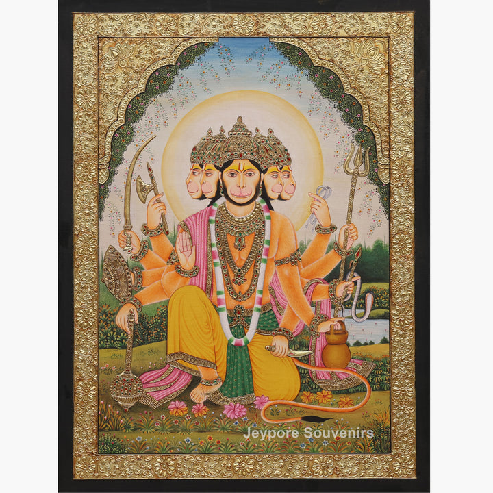 Panchmukhi Hanuman Ji Tanjore Painting with Real Gold Leaf Work